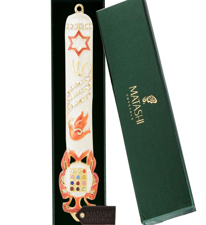 Matashi Hand Painted 5.7" Dove Mezuzah W/ Gold Accents & Crystals